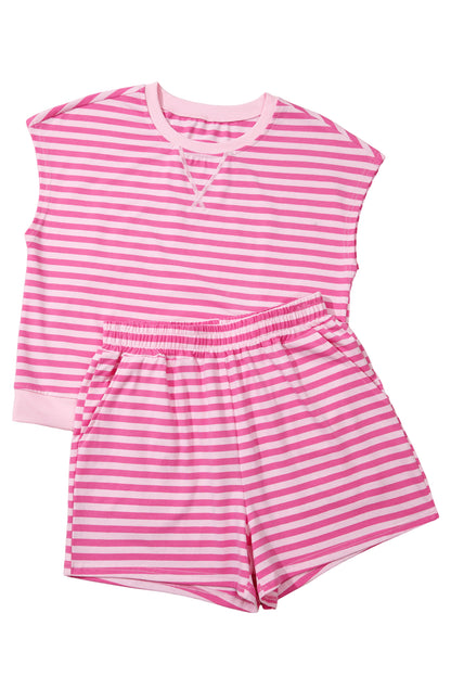 Pink Stripe Cap Sleeve Tee Elastic Waist Shorts 2pcs Outfit