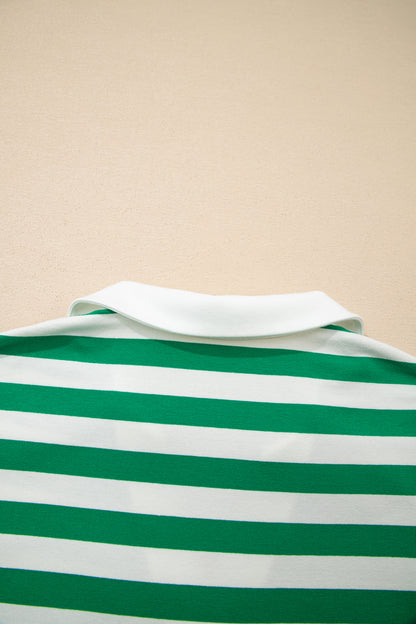 Pink Stripe Collar V Neck Ruffled Short Sleeve Blouse