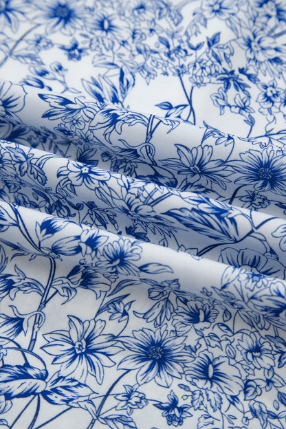 Sky Blue Floral Print Knot Straps High Waist Flared Maxi Dress