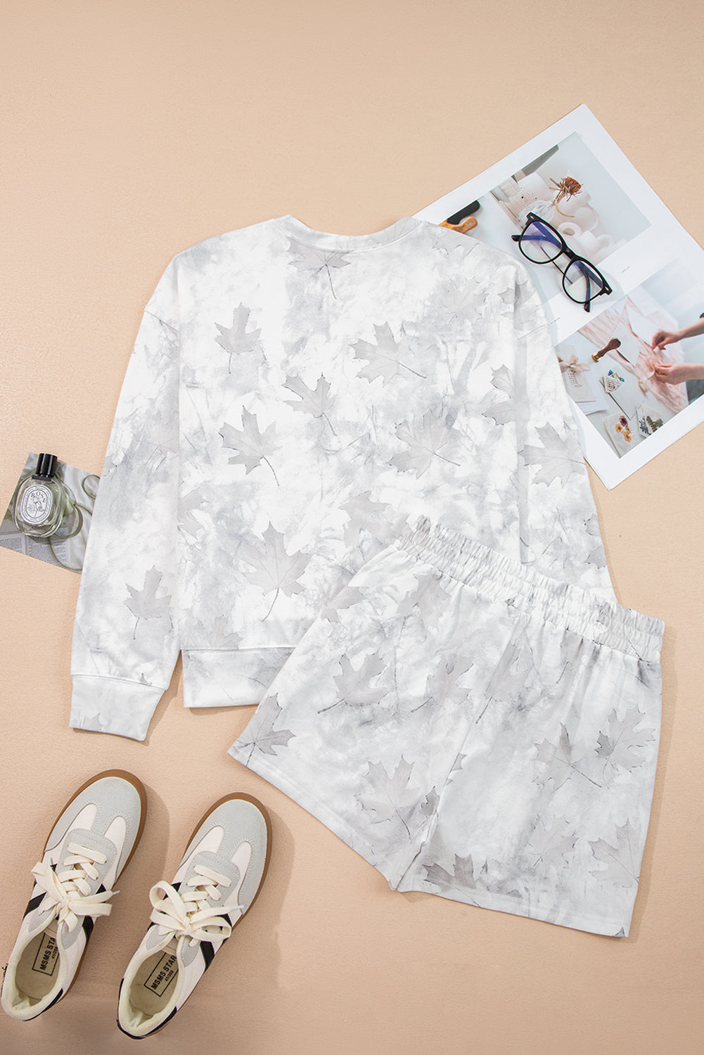 Beige Maple Camo Print Pullover Top and Elastic Waist Casual Short Set