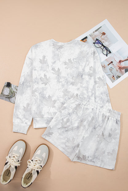 Beige Maple Camo Print Pullover Top and Elastic Waist Casual Short Set