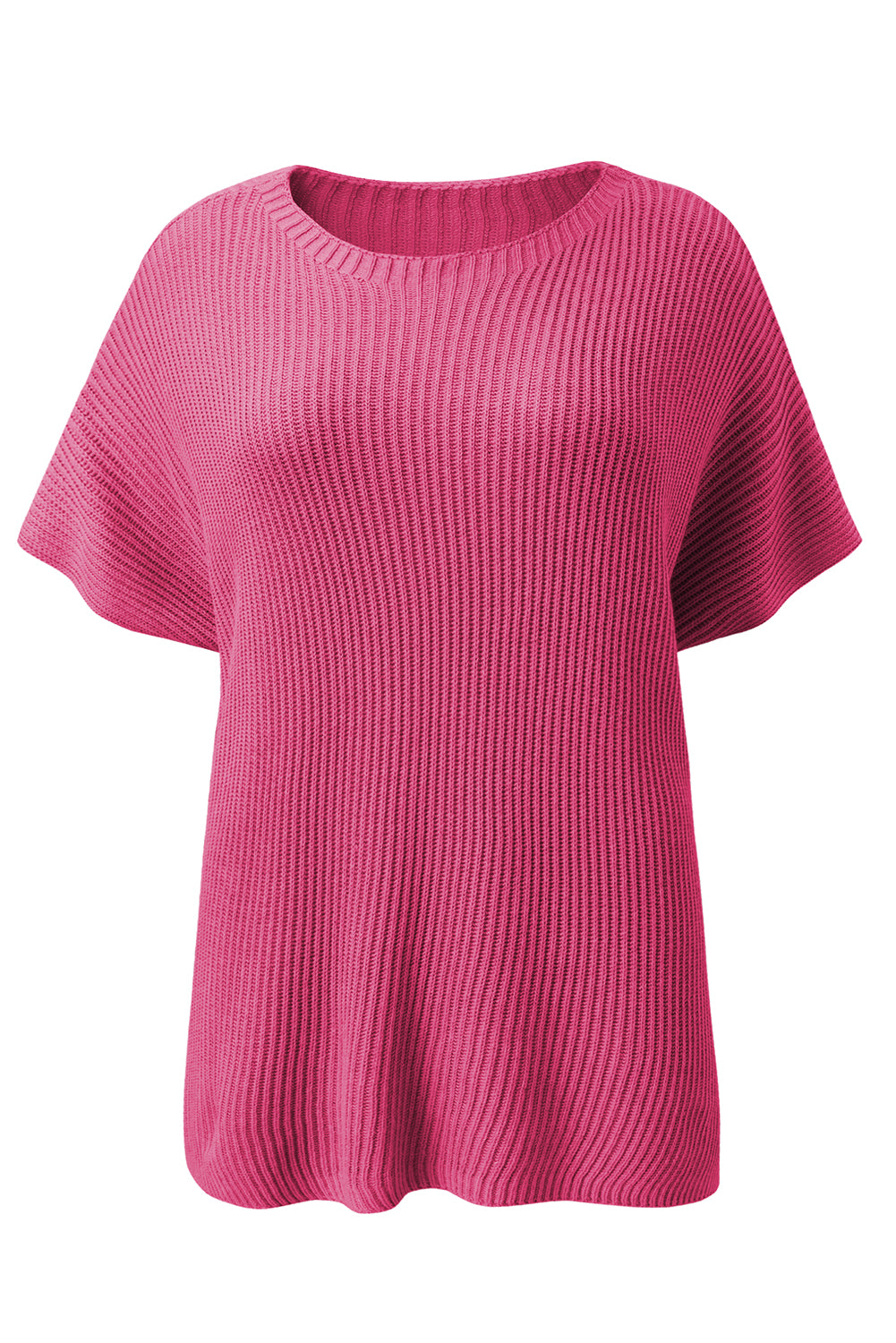 Rose Red Side Slit Short Sleeve Oversized Sweater