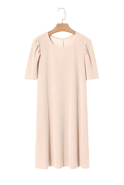 Parchment Corded Crew Neck Puff Sleeve Mini Dress