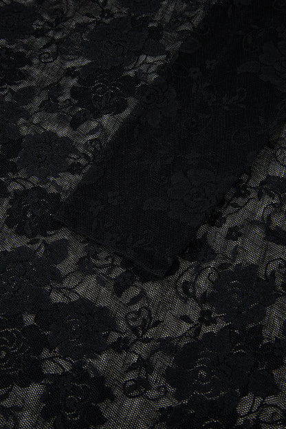 Black Mock Neck Floral Lace Mesh Long Sleeve Top