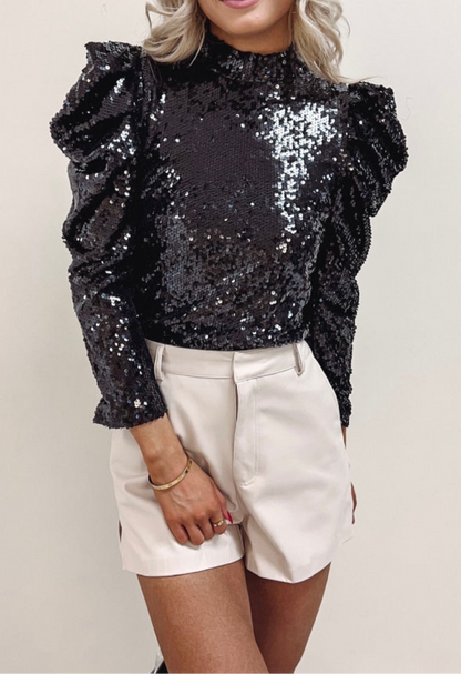 Ruched Puff Sleeve Sequin Top