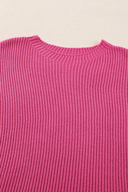 Rose Red Side Slit Short Sleeve Oversized Sweater