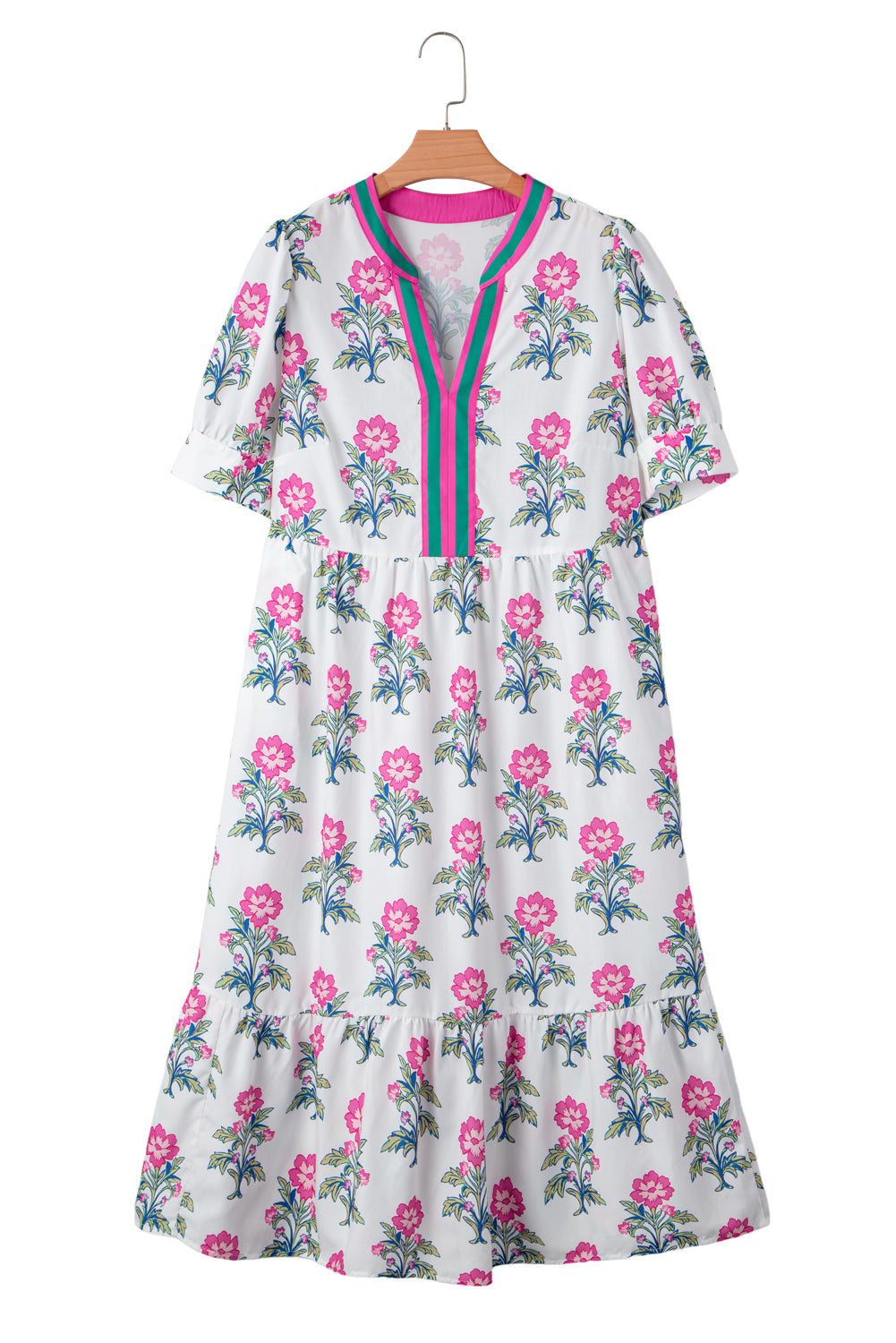 White Allover Floral Print Pop of Color Neckline Puff Sleeve Plus Size Dress