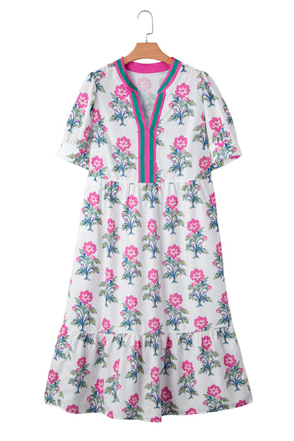 White Allover Floral Print Pop of Color Neckline Puff Sleeve Plus Size Dress