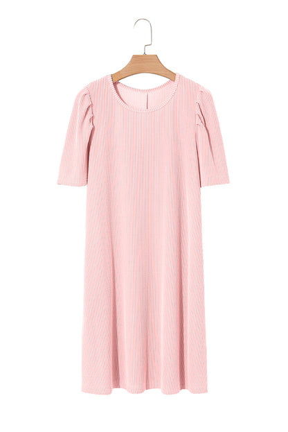 Parchment Corded Crew Neck Puff Sleeve Mini Dress