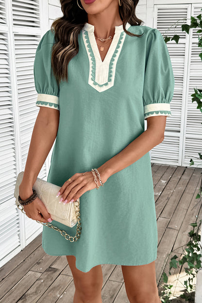 Canton Scallop Color Block Trim Puff Sleeve Mini Dress