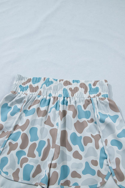 Green Camouflage Print Shirred High Waist Athleisure Shorts