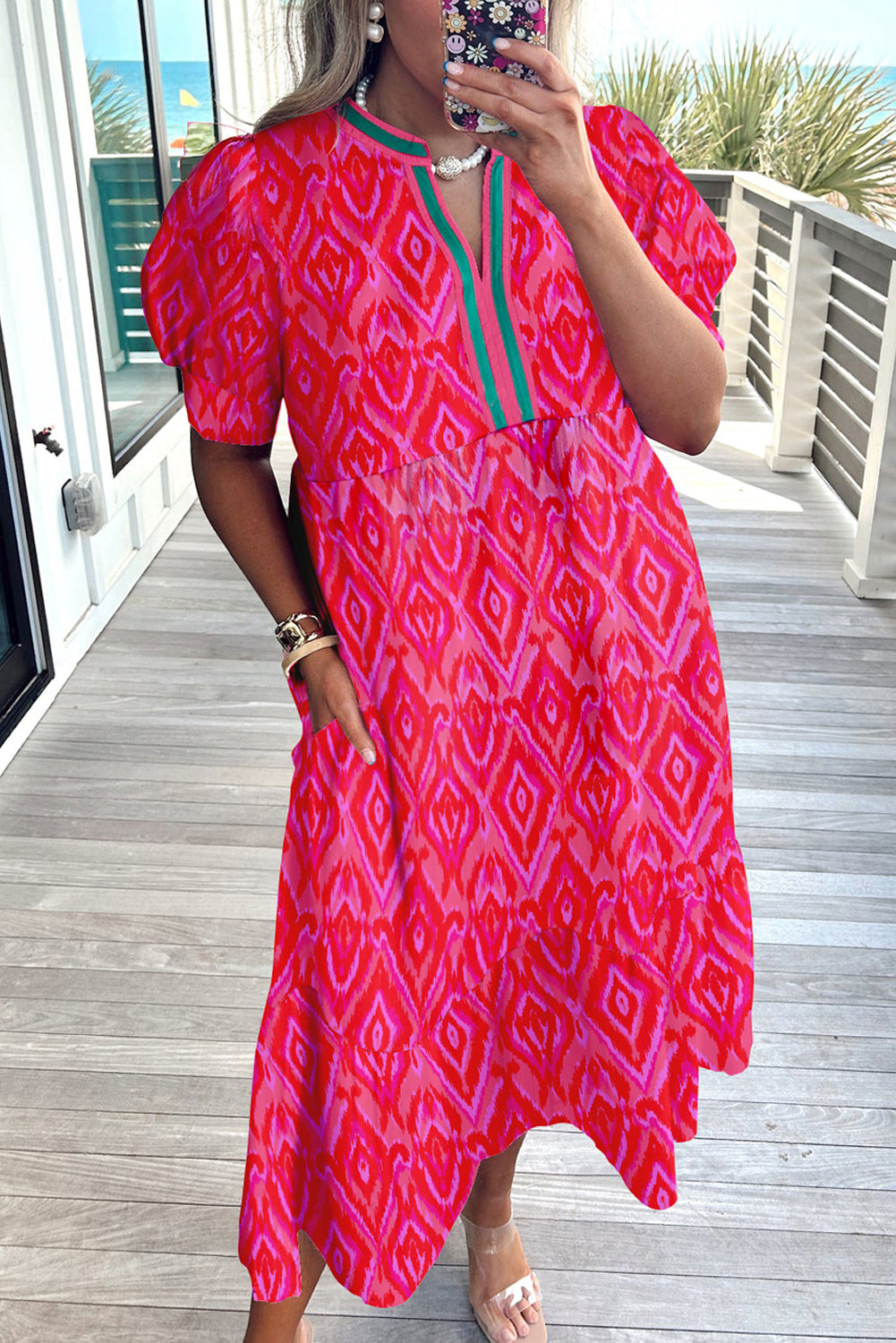 White Allover Floral Print Pop of Color Neckline Puff Sleeve Plus Size Dress