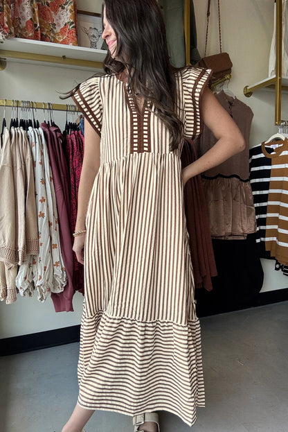 Black Stripe Double Ruffled Short Sleeve Contrast Trim V Neck Midi Dress