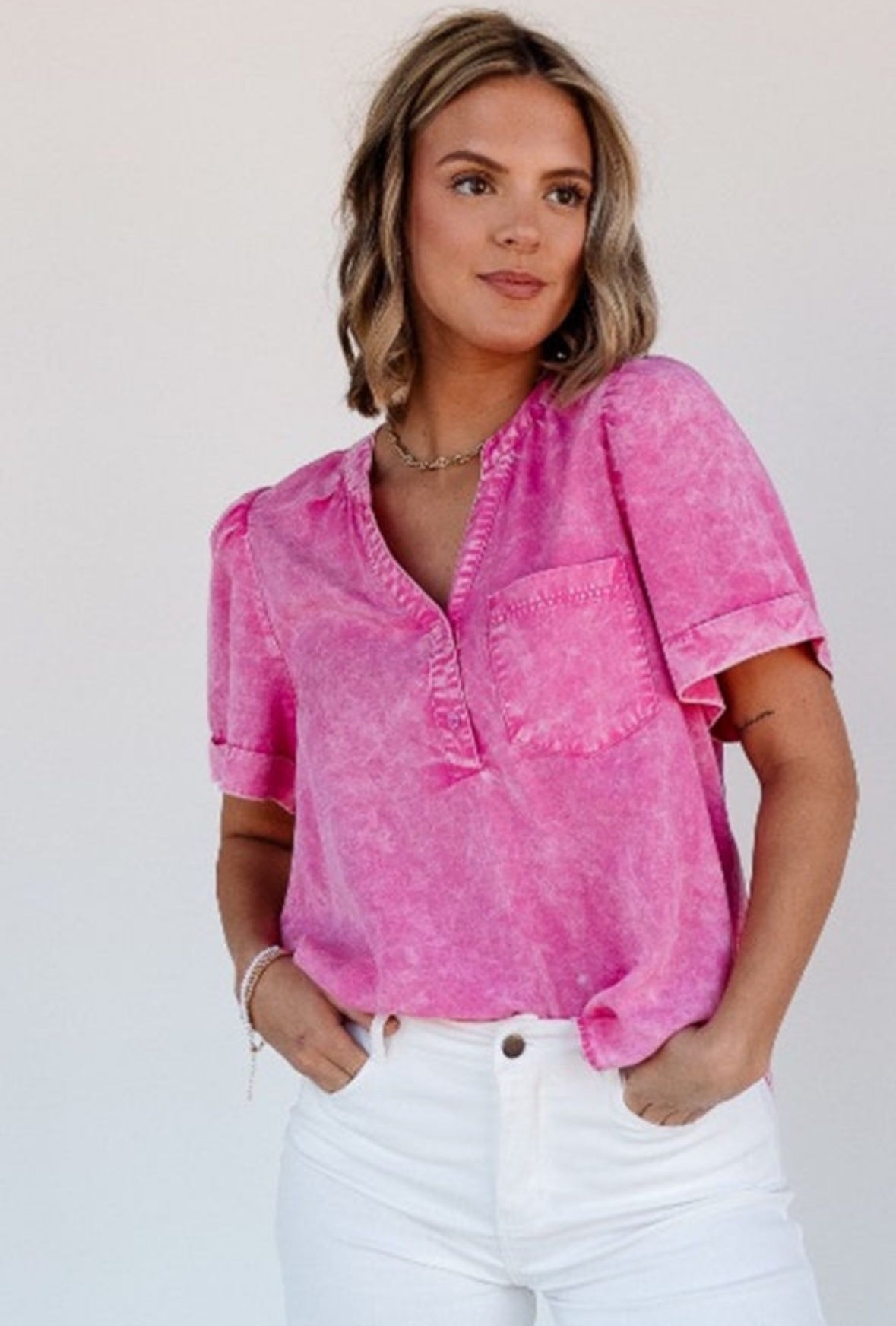 Mineral Wash Split Neck Blouse