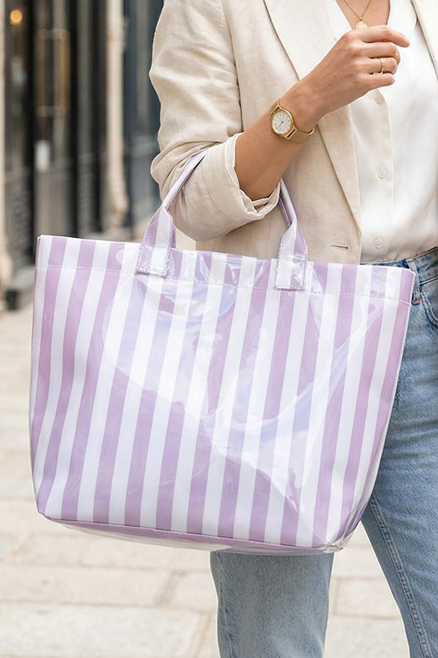 Rainbow Glossy Striped Vinyl Large Tote Bag