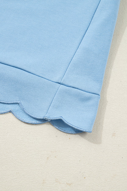 Beau Blue Solid Color Snap Button Polo Collar Short Sleeve Scallop Hem Mini Dress