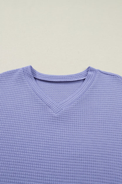 Strawberry Pink Waffle V Neck Short Sleeve Knit Top