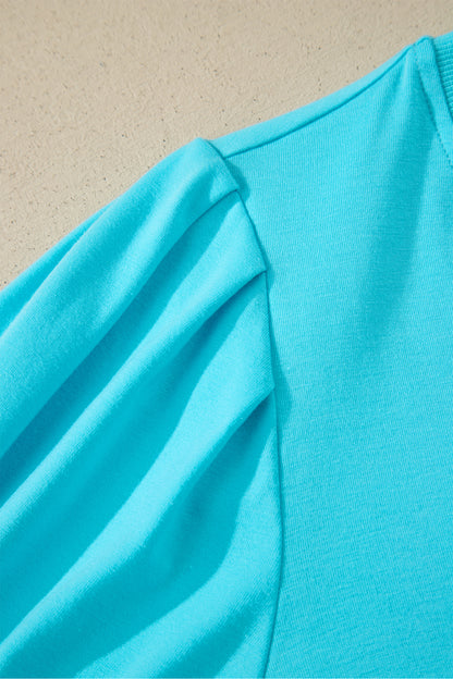 Yellow Solid Color V Neck Short Puff Sleeve Blouse
