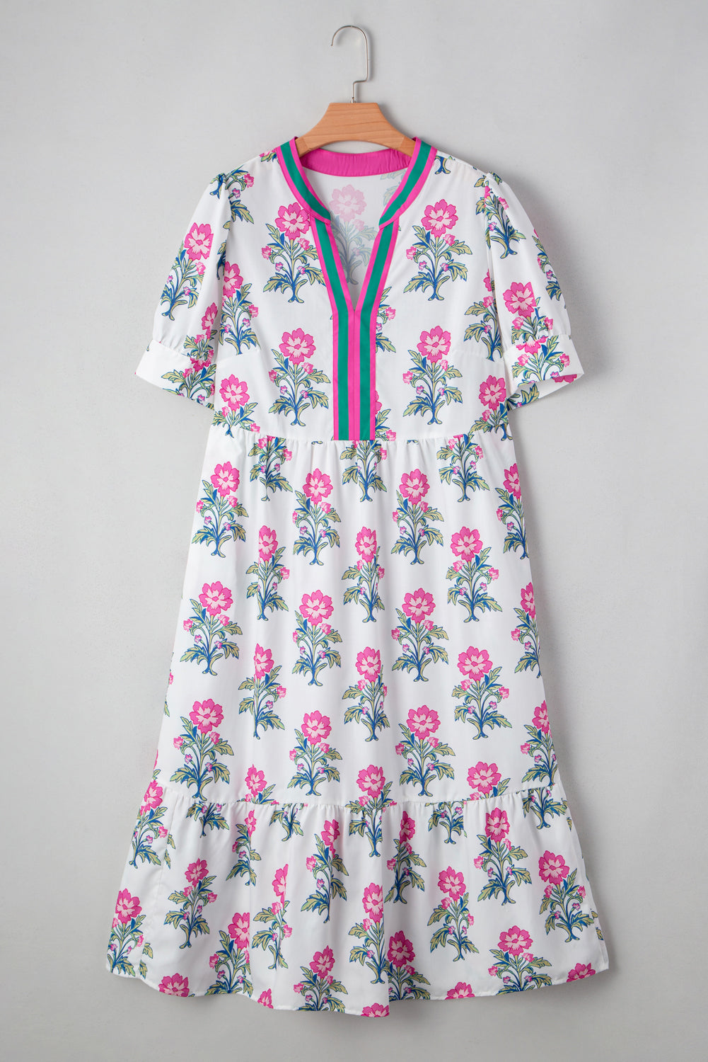 White Allover Floral Print Pop of Color Neckline Puff Sleeve Plus Size Dress