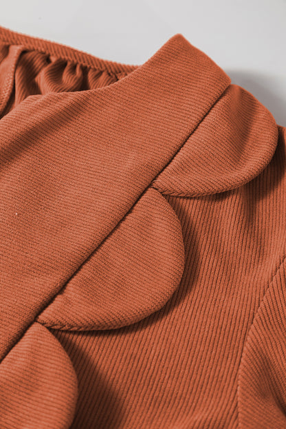 Cinnamon Split Neck Scallop Detail Pleated Corduroy Mini Dress