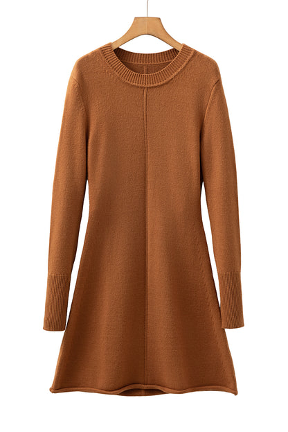 Straw Yellow Ribbed Detail Solid Color Mini Sweater Dress
