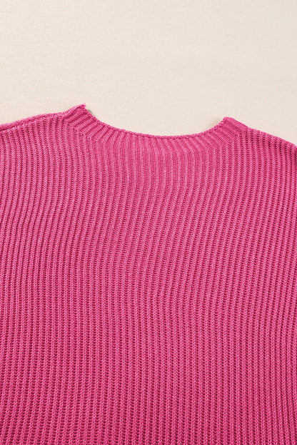 Rose Red Side Slit Short Sleeve Oversized Sweater