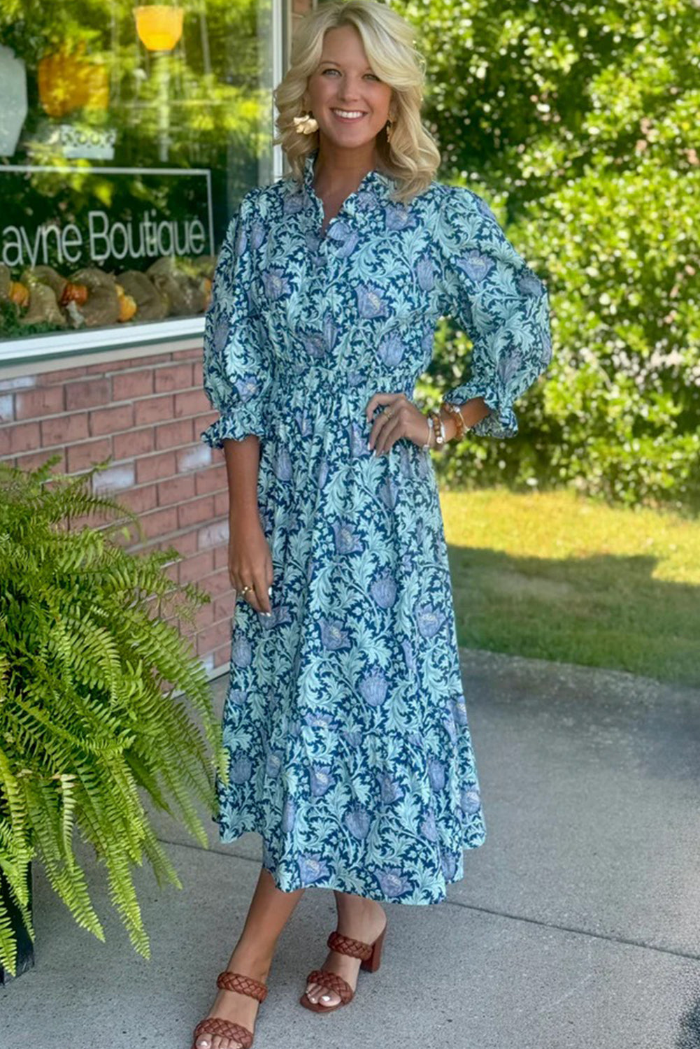 Brown Floral Printed Frilled V Neck Bracelet Sleeve Long Dress