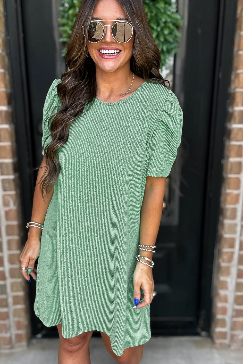 Parchment Corded Crew Neck Puff Sleeve Mini Dress