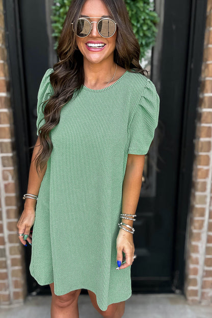 Parchment Corded Crew Neck Puff Sleeve Mini Dress