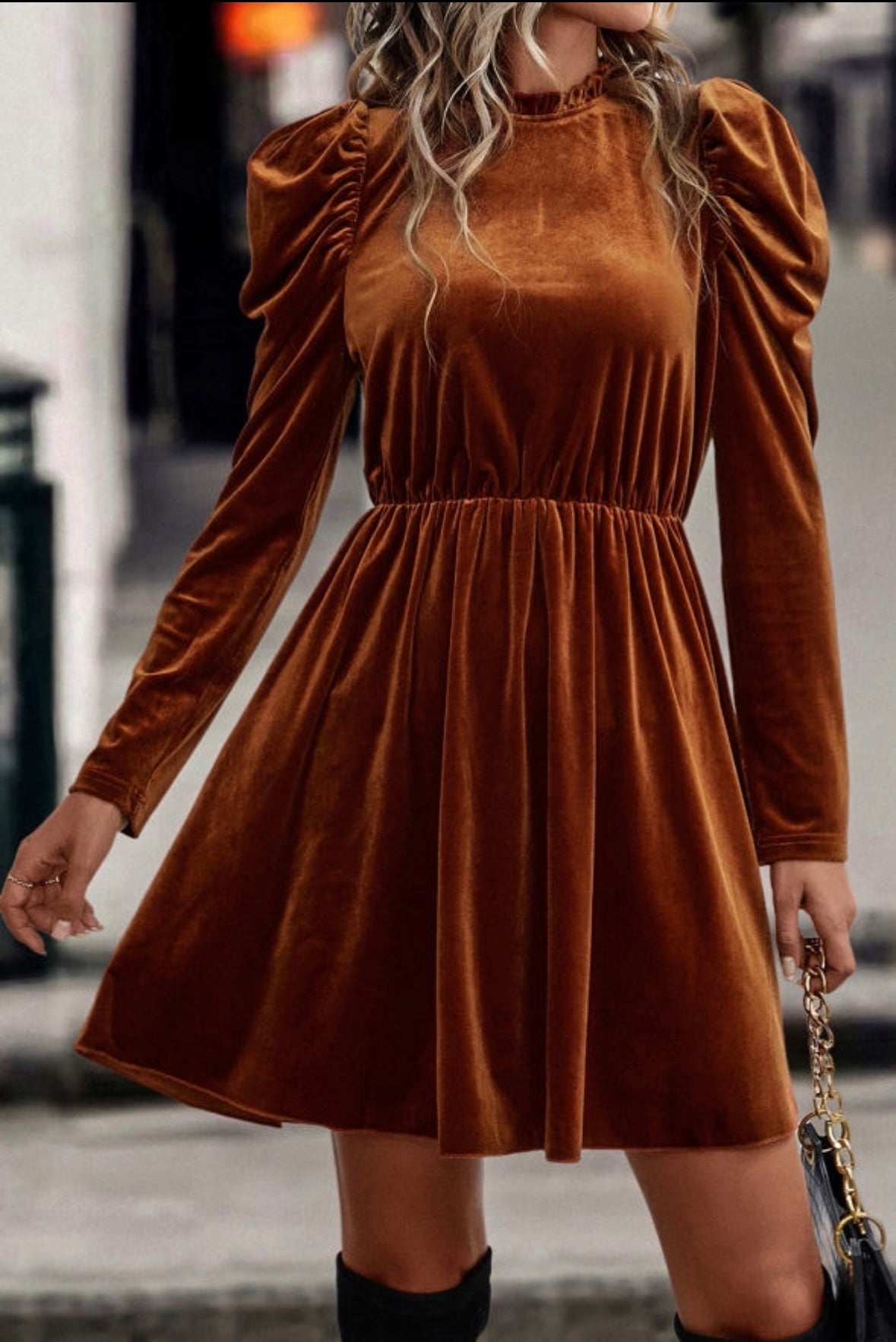 Velvet Frill Neck Swing Dress