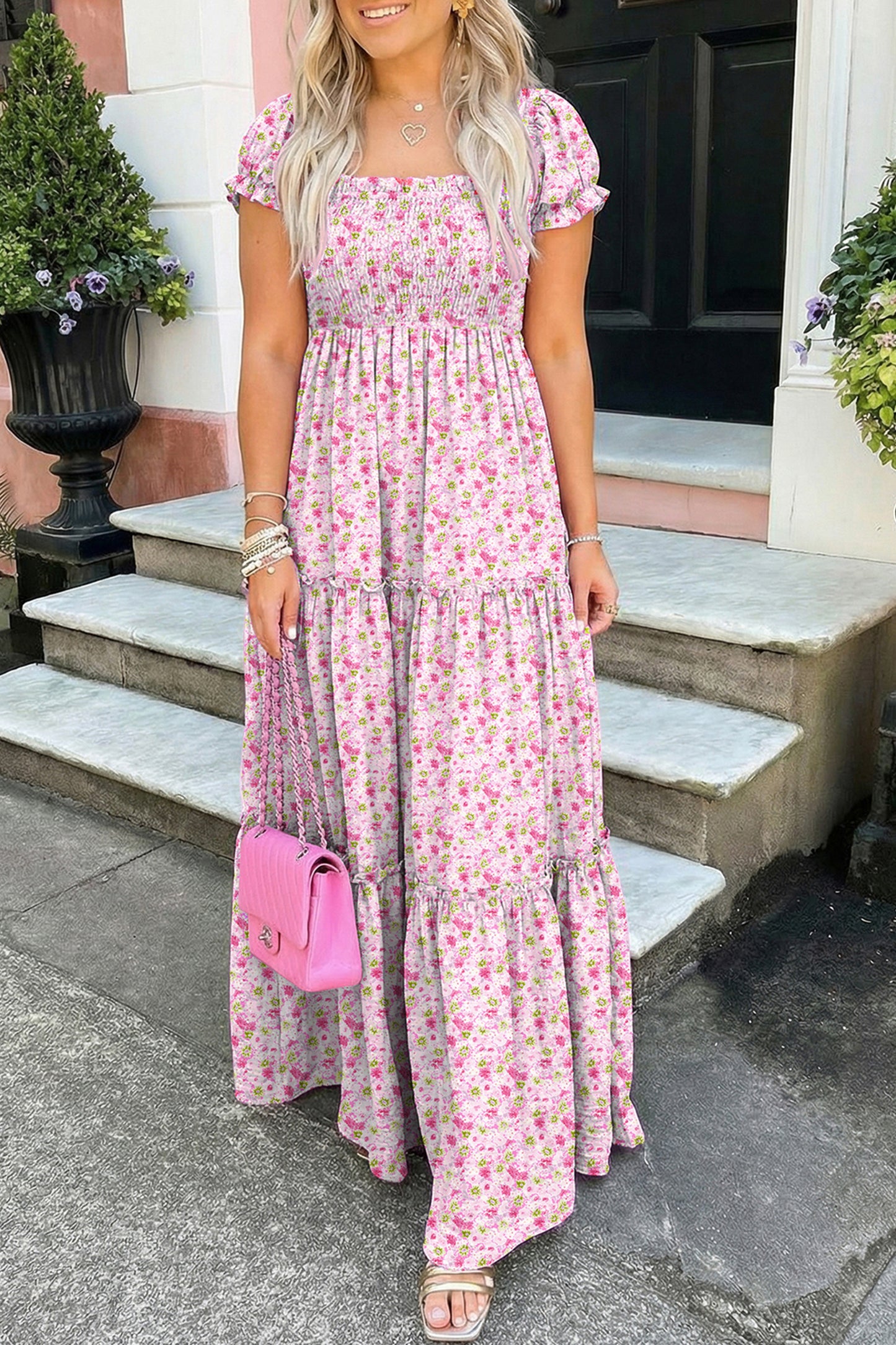 Green Floral Short Bubble Sleeve Shirred High Waist Maxi Dress