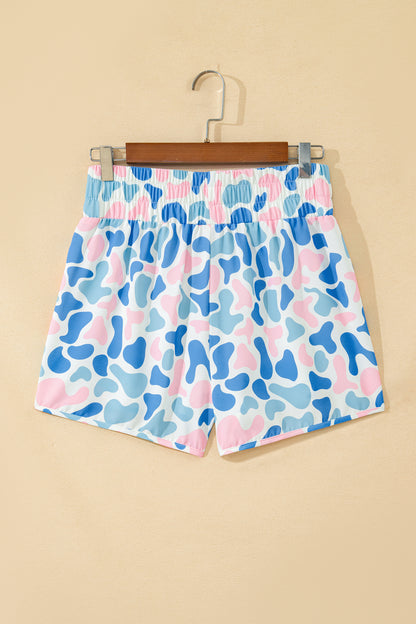 Green Camouflage Print Shirred High Waist Athleisure Shorts