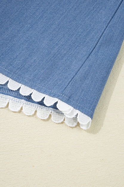 Dusk Blue Scallop Trim Puff Sleeve Collared Babydoll Blouse
