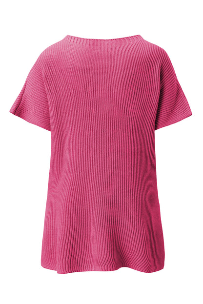 Rose Red Side Slit Short Sleeve Oversized Sweater