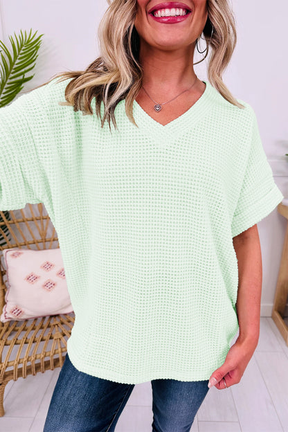 Strawberry Pink Waffle V Neck Short Sleeve Knit Top