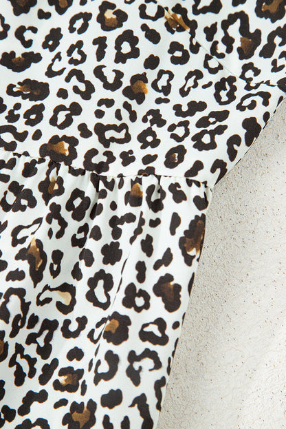 Khaki Plus Size Button V Neck Leopard Print Puff Sleeve Loose Mini Dress