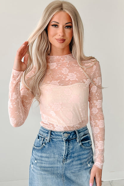 Black Mock Neck Floral Lace Mesh Long Sleeve Top