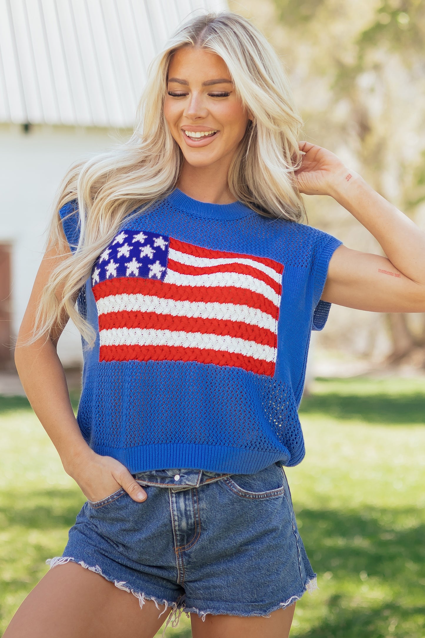 White Flag Graphic Short Sleeve Sweater Top