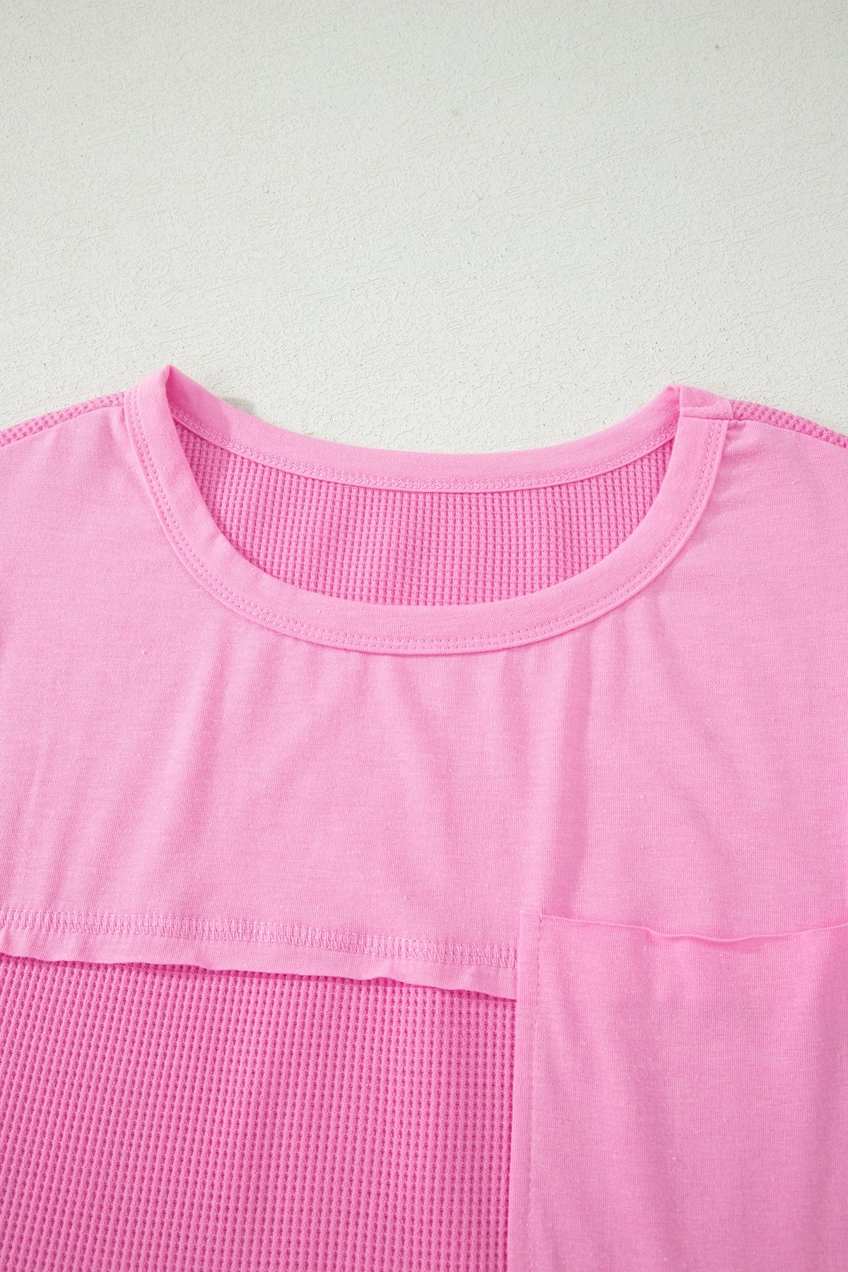 Light Blue Solid Color Raw Seam Waffled Patchwork Casual T Shirt