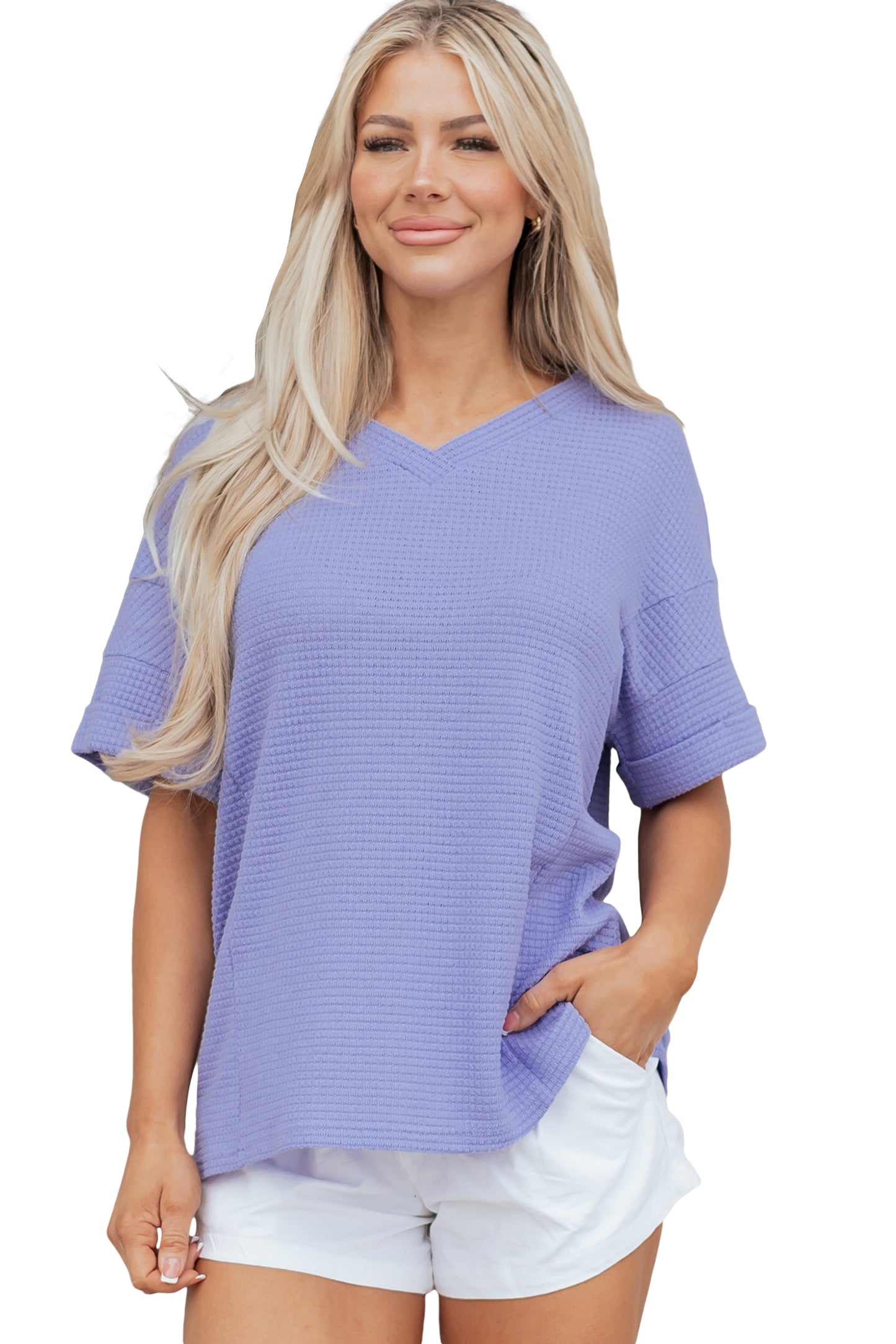 Strawberry Pink Waffle V Neck Short Sleeve Knit Top