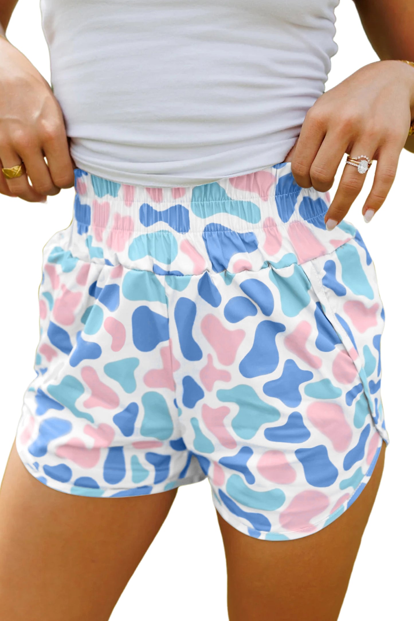 Green Camouflage Print Shirred High Waist Athleisure Shorts