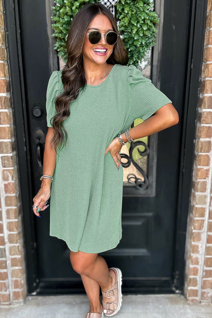 Parchment Corded Crew Neck Puff Sleeve Mini Dress
