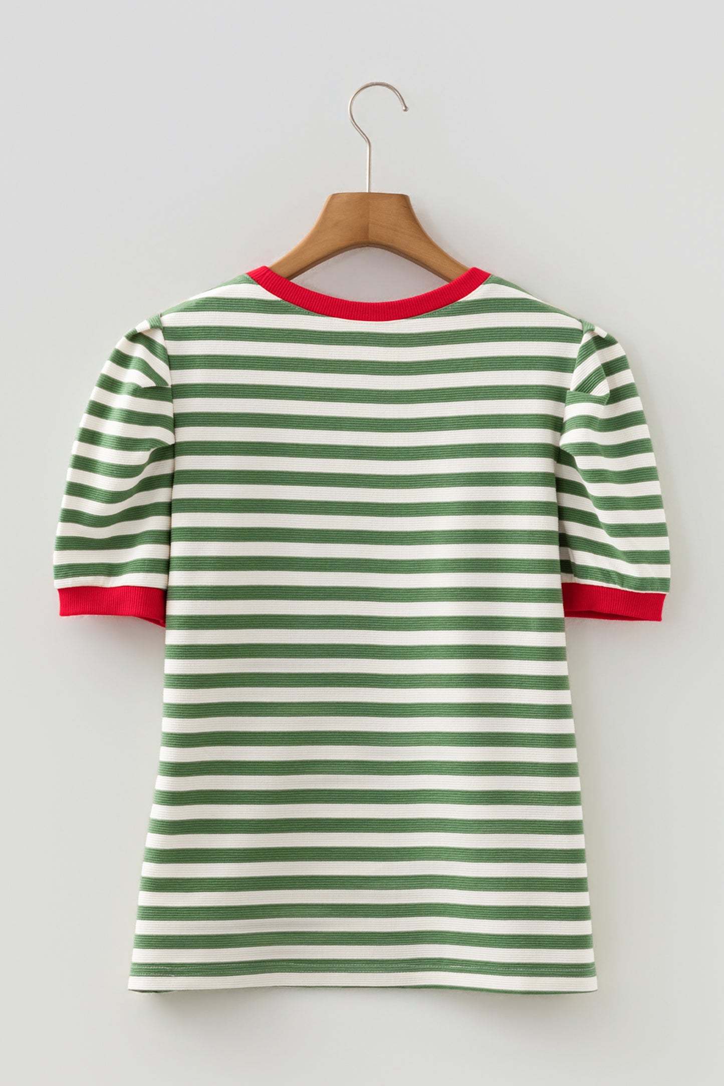 Rose Stripe Short Puff Sleeve Contrast Trim Round Neck Tee