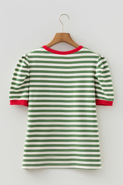 Rose Stripe Short Puff Sleeve Contrast Trim Round Neck Tee