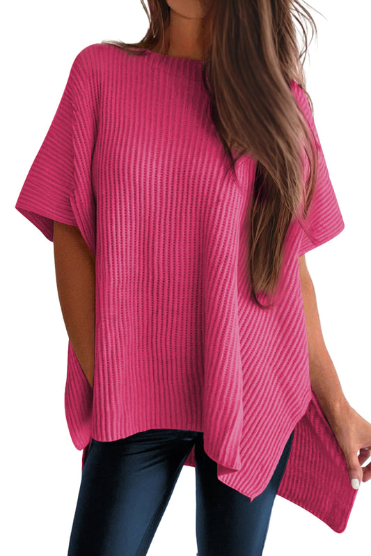 Rose Red Side Slit Short Sleeve Oversized Sweater