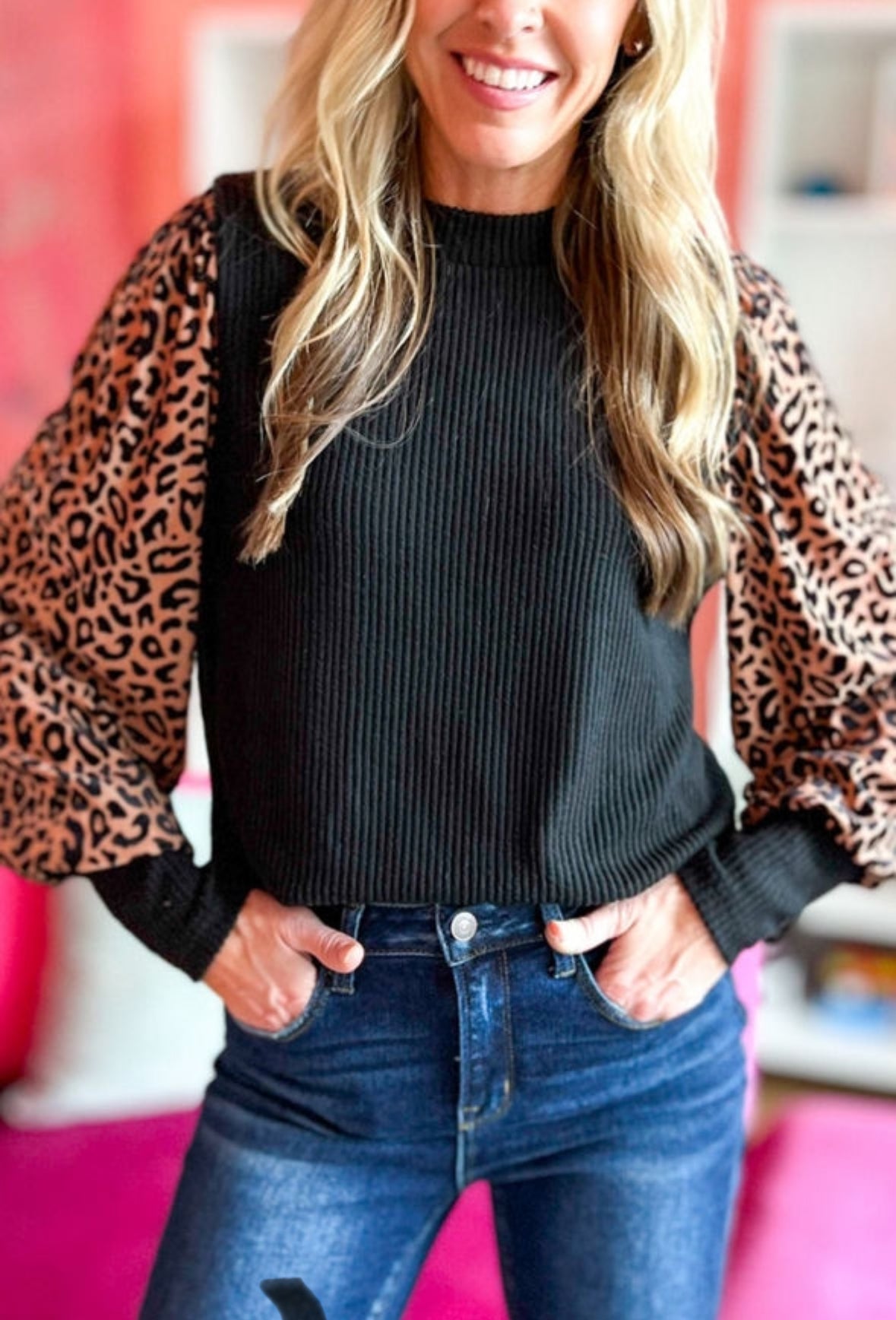 Leopard Lantern Sleeve Ribbed Blouse