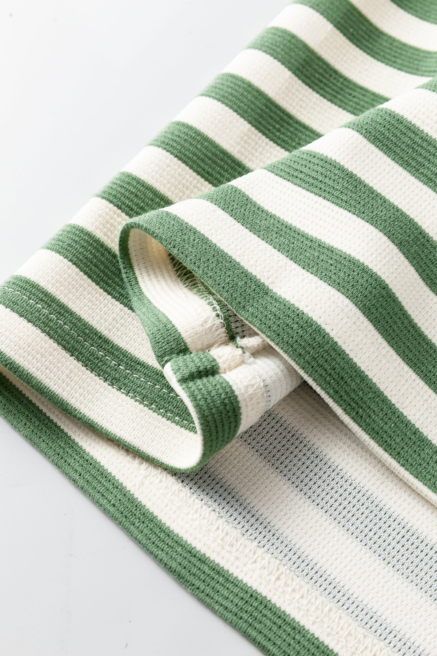 Rose Stripe Short Puff Sleeve Contrast Trim Round Neck Tee