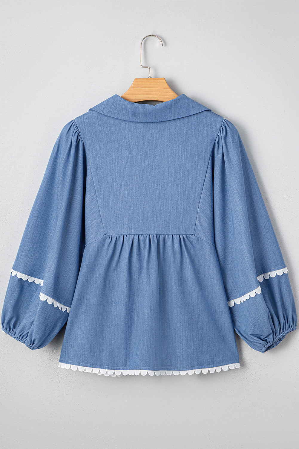 Dusk Blue Scallop Trim Puff Sleeve Collared Babydoll Blouse