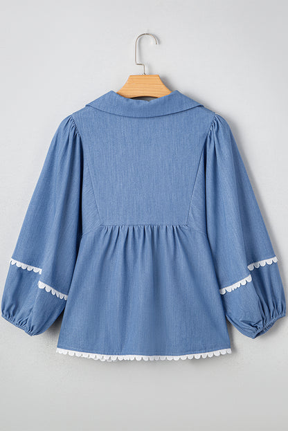 Dusk Blue Scallop Trim Puff Sleeve Collared Babydoll Blouse
