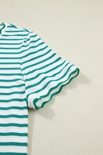 Red Stripe Scalloped Trim Round Neck T Shirt